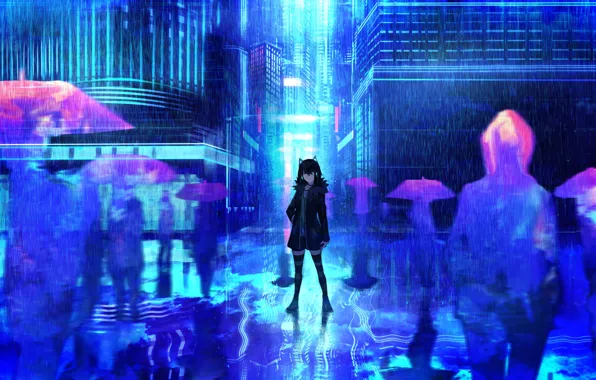 Обои фон, арт, аниме, дождь, город, девушка, tarbo (exxxpiation), силуэты, зонты