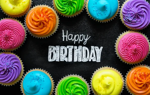 Обои rainbow, cream, свечи, cake, candle, colours, кексы, День Рождения, cupcake, крем, colorful, celebration, decoration, Happy ...