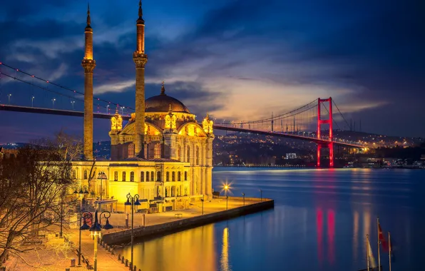 Обои Турция, ночь, Стамбул, огни, пролив, мечеть, мост, минарет