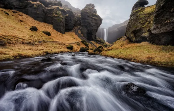 Обои река, скалы, поток, водопад, природа, Исландия