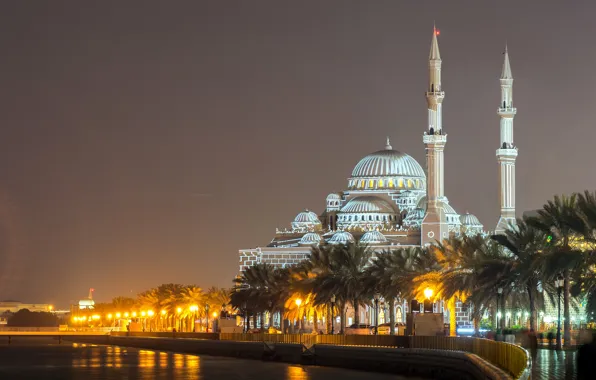 Обои река, фонари, Sharjah, Al Noor Mosque, дворец, ночь, огни, храм, ОАЭ, мечеть, пальмы