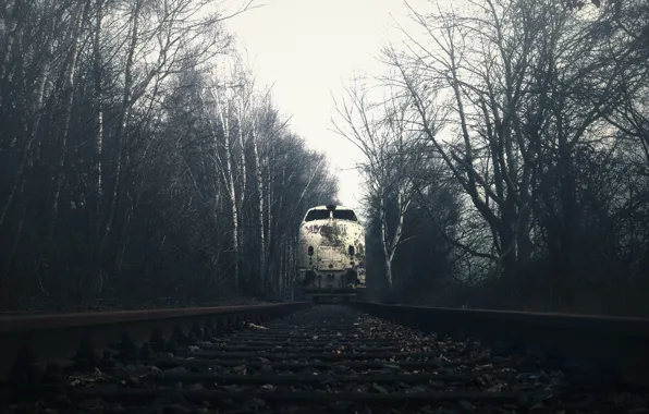 Обои поезд, железная дорога, туман