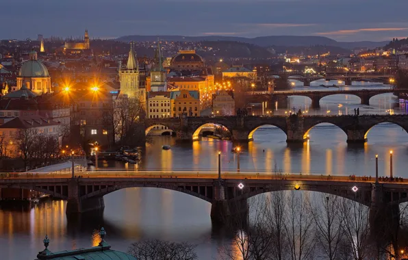 Обои река, Влтава, Чехия, ночь, Прага, мосты, огни