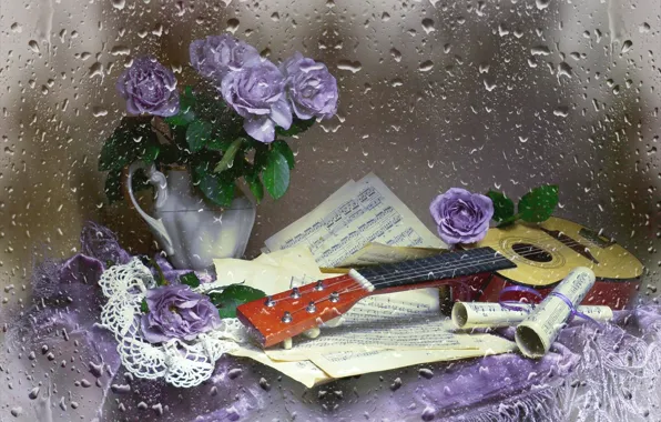 Обои розы, ноты, натюрморт, гитара