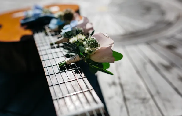 Обои гриф, струны, гитара, цветы