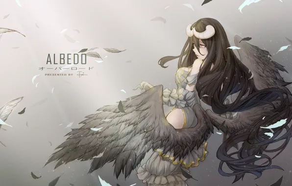 Обои рога, девушка, аниме, overlord, albedo, арт, крылья, перья