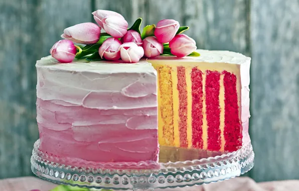Обои торт, украшение, крем, многослойный, сладкое, тюльпаны