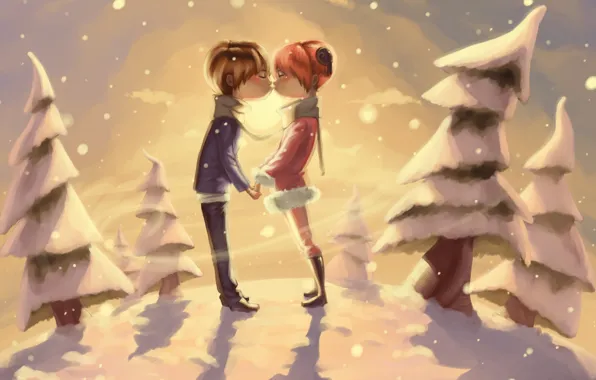 Обои зима, елки, поцелуй, аниме
