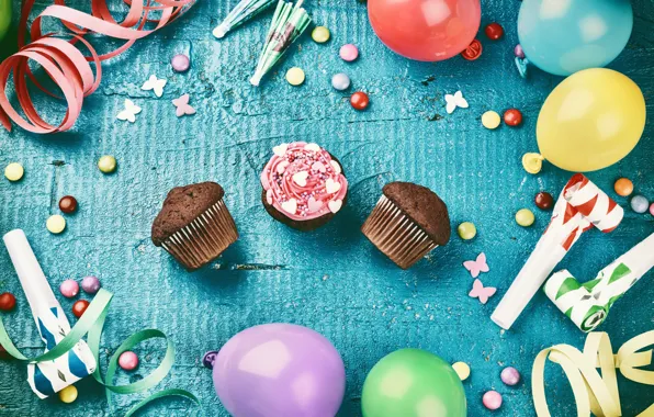 Обои воздушные шары, Happy Birthday, decoration, cupcake, День Рождения, holiday celebration, украшения, конфеты, сладости