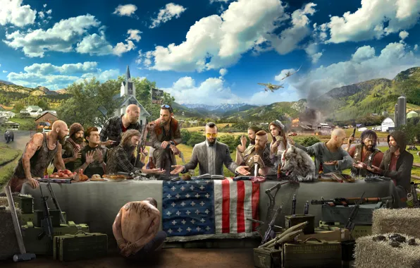 Обои облака, Far Cry 5, бандиты, люди, самолет, арт, церковь, стол, флаг, медведь, оружие