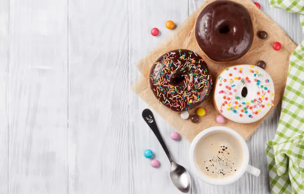 Обои coffee, глагурь, donuts, чашка кофе, пончики