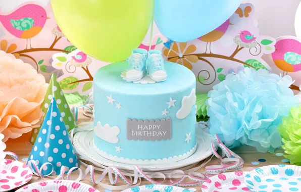 Обои Birthday, День Рождения, decoration, cake, воздушные шары, Happy, торт