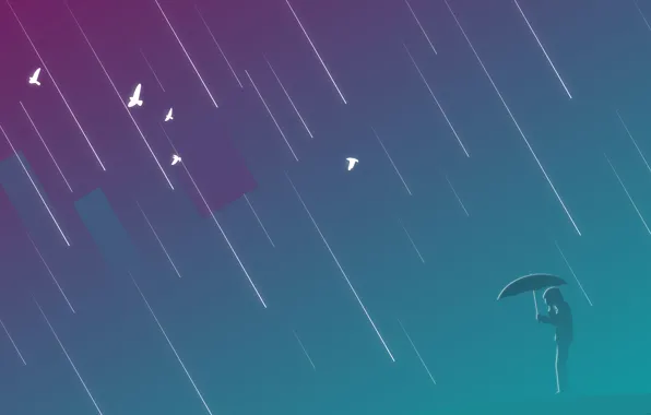 Обои man, лазурно-серый, приглушение, прямоугольник, umbrella, зонт, дождь, фиолетовый, человек, птицы, rain