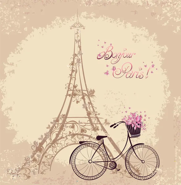 Bonjour Paris текст с Эйфелевой башни и велосипеде. романтический postc — стоковый вектор
