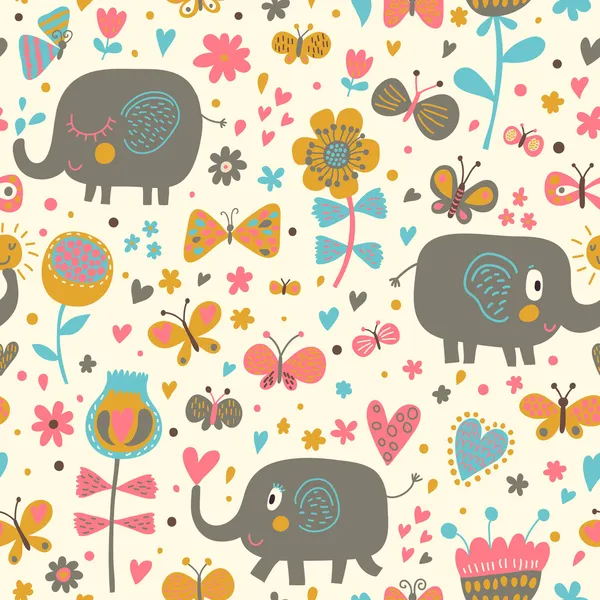 Мультфильм Бесшовные шаблон для детского стола. Симпатичные слонов в цветы и бабочки — стоковый вектор