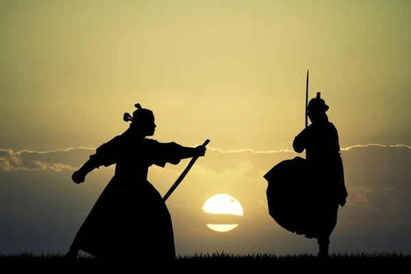 Бои самураев на закате Лицензионные Стоковые Фото