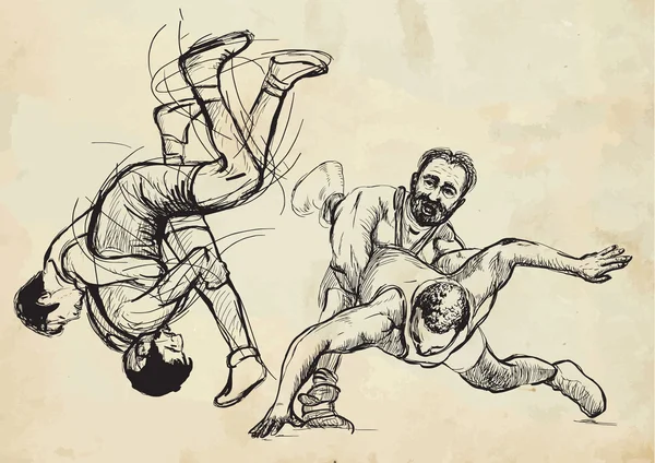 Греко-римская борьба. рисованной иллюстрации - Векторный набор Лицензионные Стоковые Иллюстрации