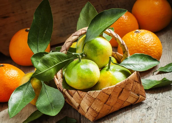 Свежие мандарины с листьями в плетеную корзину и апельсины Стоковое Фото