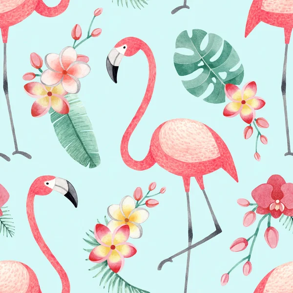 Акварельные Иллюстрации Фламинго Тропические Цветы Листья Бесшовный Узор Тропических — стоковое фото