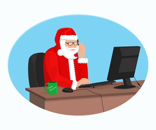 Современные Санта Клаус работает на компьютере — стоковый вектор