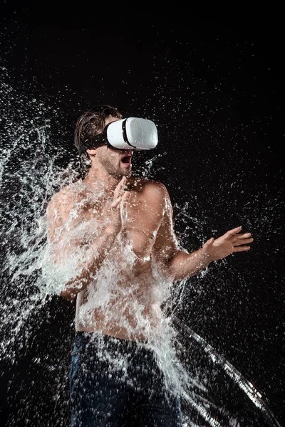 Shirtless Man Headset Swilled Water Isolated Black — стоковое фото