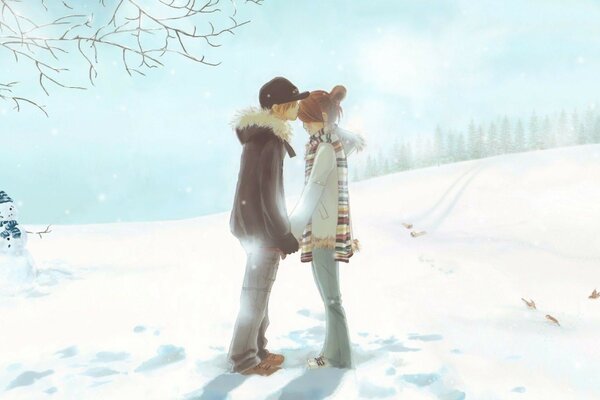 влюбленная парочка возле снеговика