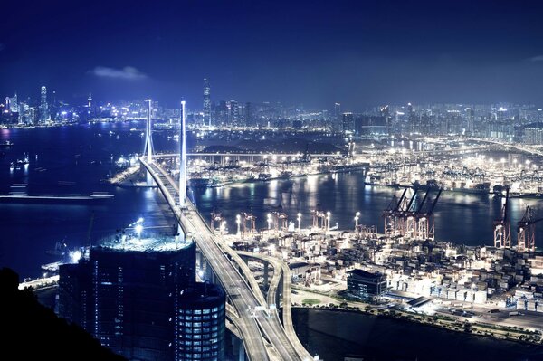 огни ночь здания город мост Гонконг
