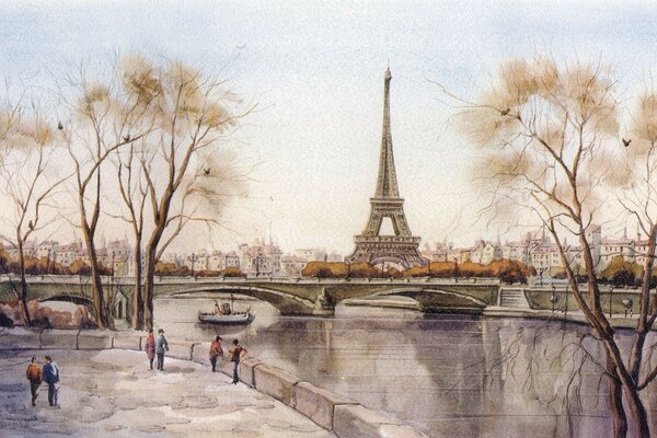 город эйфелева башня Париж рисунок река франция