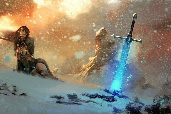 магия руны Девушка снег скалы меч огонь