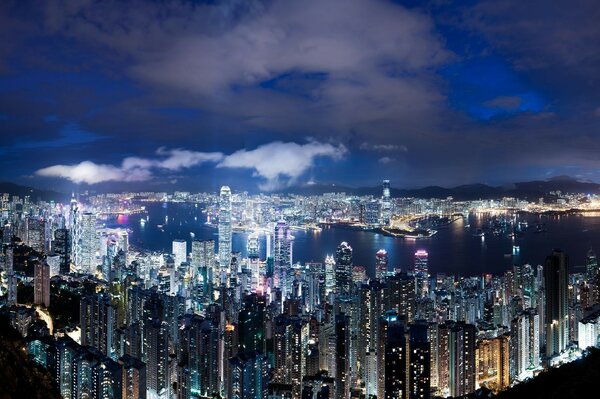небоскребы китай огни Hong kong ночь гонконг мегаполис