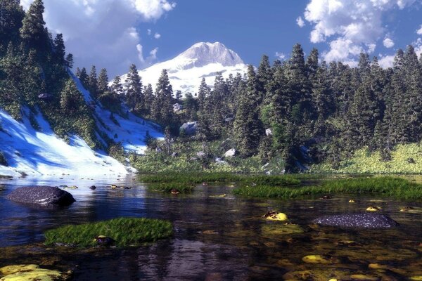 горы трава вода камни природа Арт снег озеро