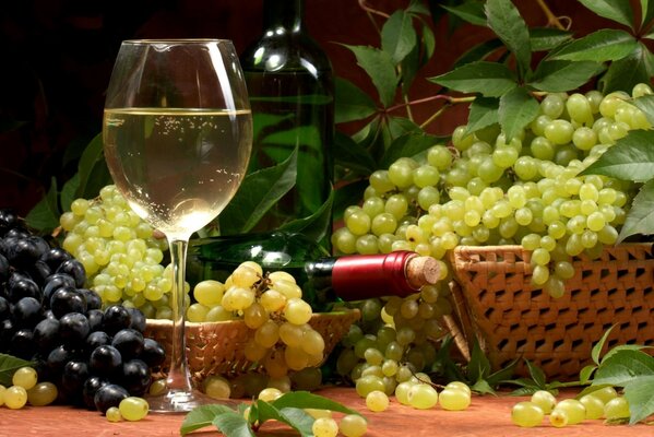 Вино бутылка корзины бокал листья белое виноград