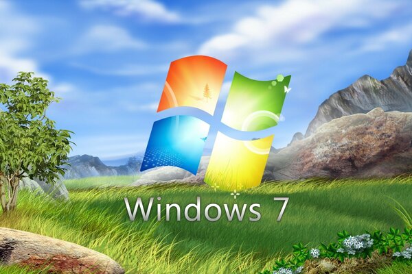 Логотип Windows 7 на поляне с цветочками