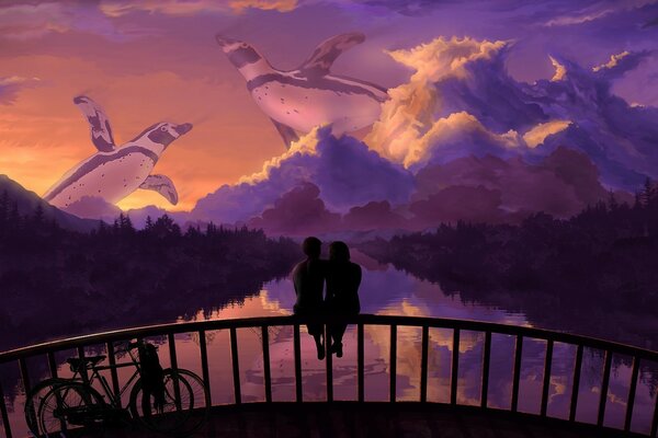 Влюбленная пара на мосту любуется закатом
