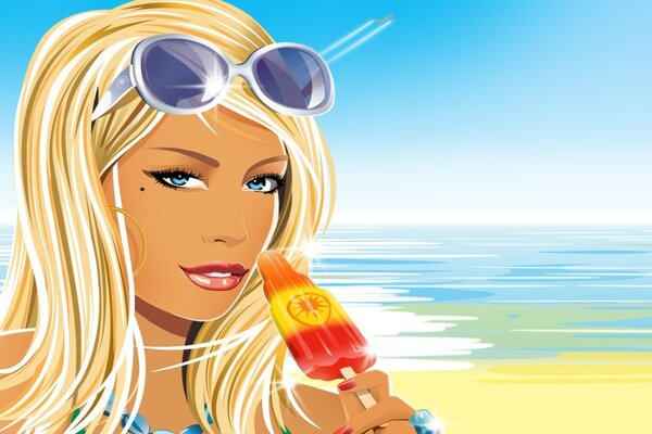 Блондинка на пляже в очках с мороженым