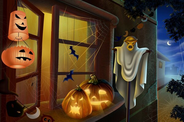 Spooky летучие мыши дома страшно тыквы паук веб Hallowmas Хэллоуин