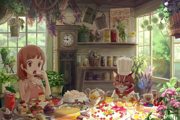 девочка домик сладости кот ест торт пирожные цветы