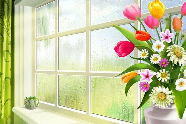 Весна цветы ромашки тюльпаны зелень ваза горшок стекл