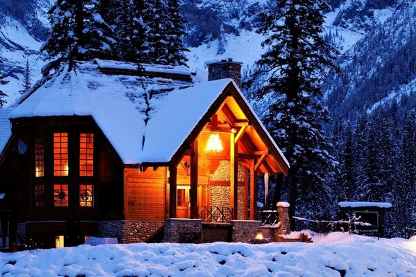 снег свет природа дом ночь домик