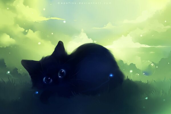 Мечтательный черный котенок картина