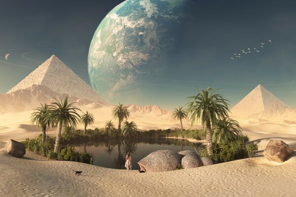 Оазис посреди пустыни на фоне Египетских пирамид