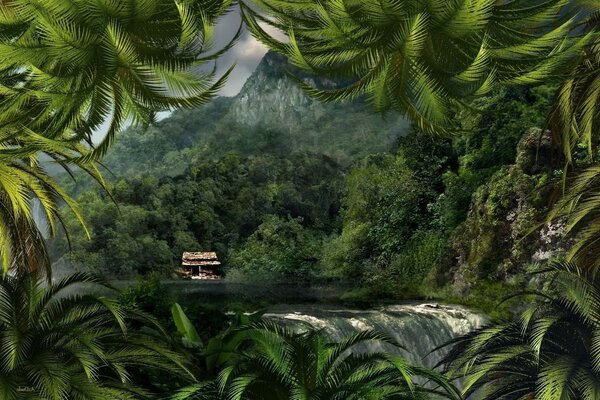 Домик у водопада в джунглях