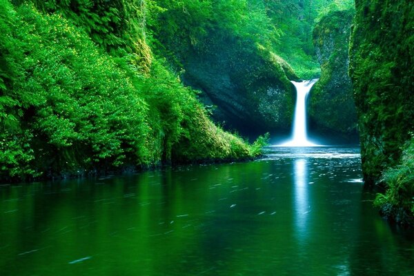 Водопад среди скал покрытых зеленью