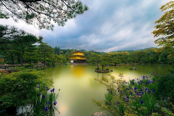 Домик в китайским стиле в лесу на озере