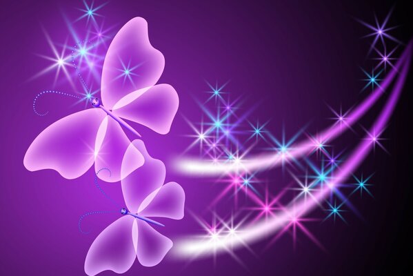 Бабочки с прозрачными крыльями на фиолетовом фоне