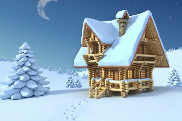 Деревянный домик зимой 3d