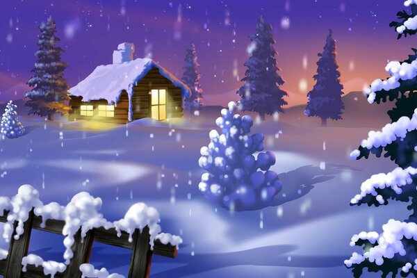 Снегопад, снег, ночь, домик