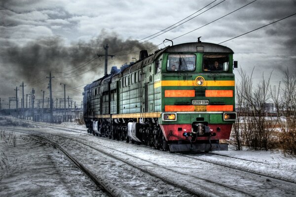 локомотив железная дорога зима hdr