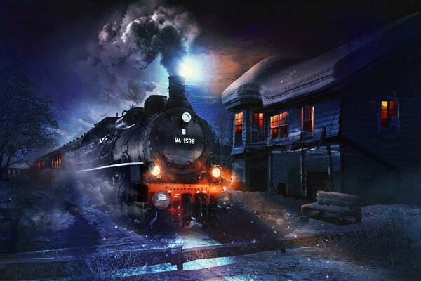 локомотив паровоз ночь зима снег дом
