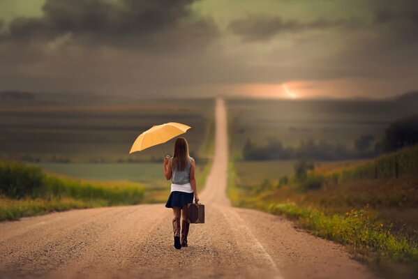 дорога путь девушка девочка уход зонт чемодан простор